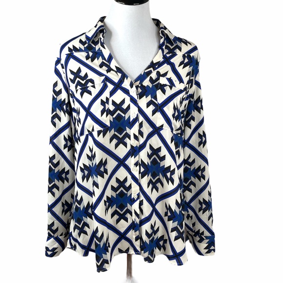 Express Tops Express The Portofino Button Down Shirt Off White Blue